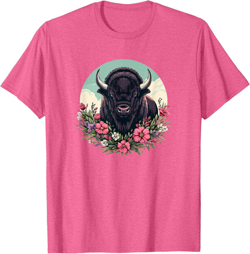 Wild Plains Buffalo Bison Gifts T Shirts & Hoodies Womens Girls Old West Retro Vintage Floral Buffalo Lover T-Shirt - Pink