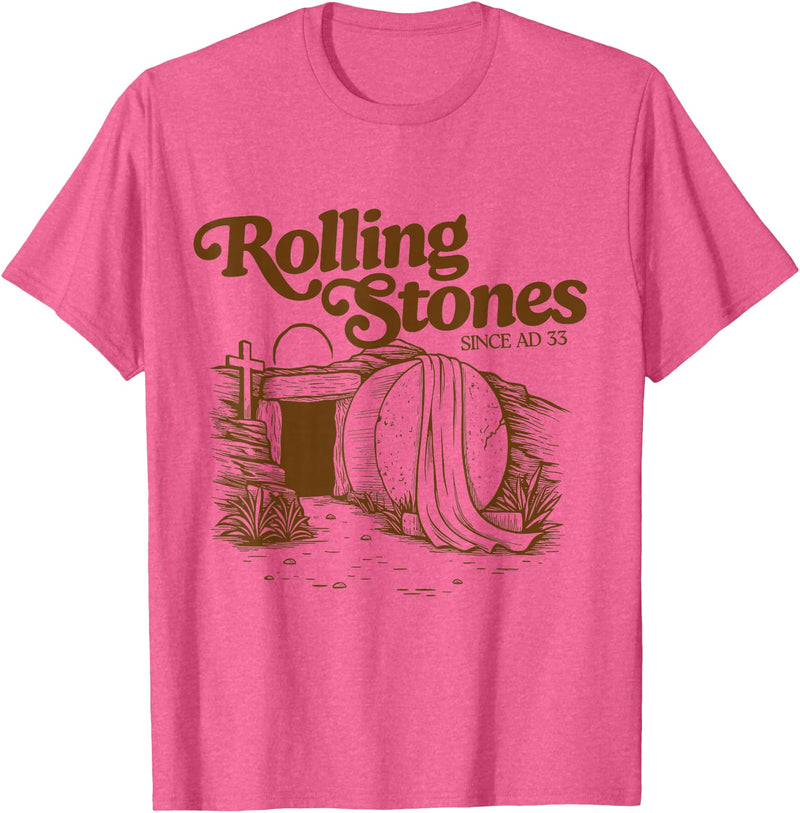 The Stone Was Rolled Away He Alive Retro Christian Easter T-Shirt in Pink Heather