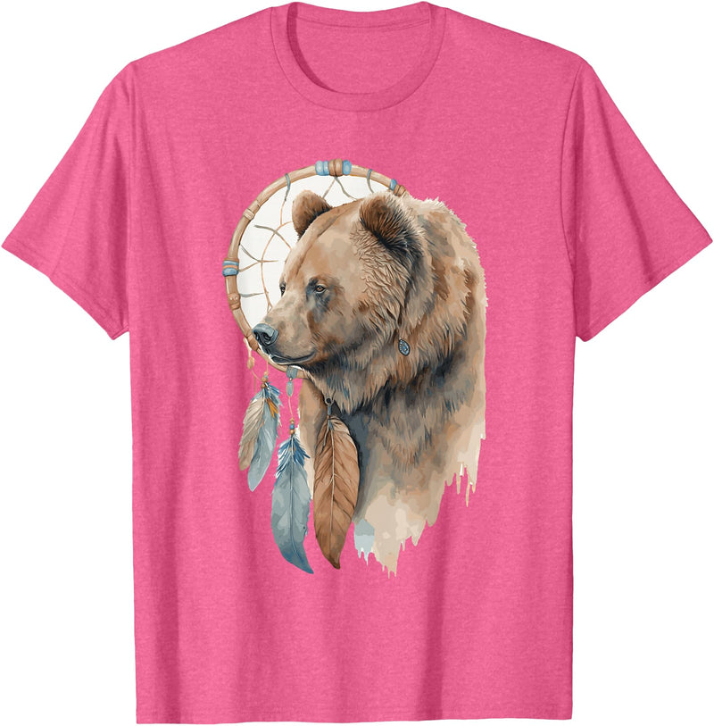More Tribal Native American Totem Animal Art Bear Tribal Watercolor Bear Dream Catcher T-Shirt - Pink Heather