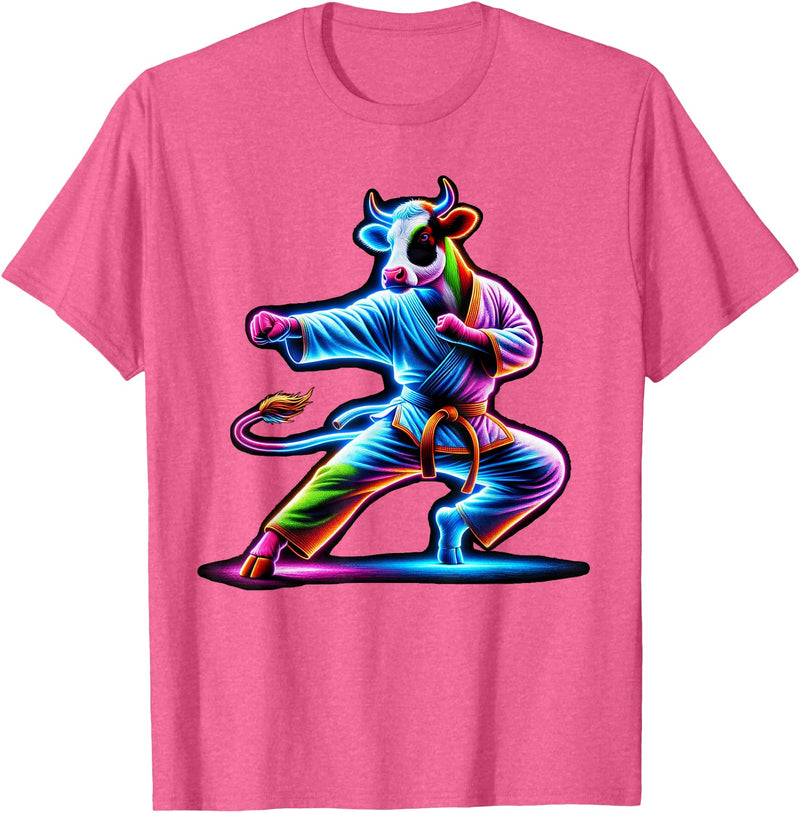 Cow Karate Black Belt Apparel Cow Karate Kick Punch Cute Funny Cool Martial Arts Cow T-Shirt - Pink Heather