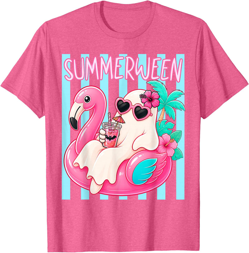 Funny Summerween Ghost Summer Halloween Vacation Summerween Funny Ghost Halloween Summer Floating in Flamingo T-Shirt - Pink