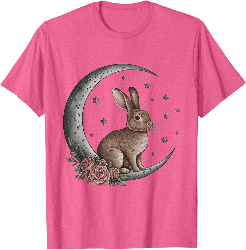 Vintage Bunny on the Moon Cute Goth Easter Rabbit T-Shirt in Pink Heather