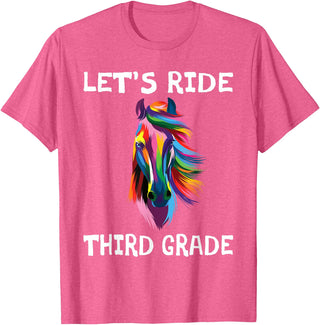 Back To School First Day Let's Ride Third Grade Back To School Horse Girls T-Shirt - Pink Heather