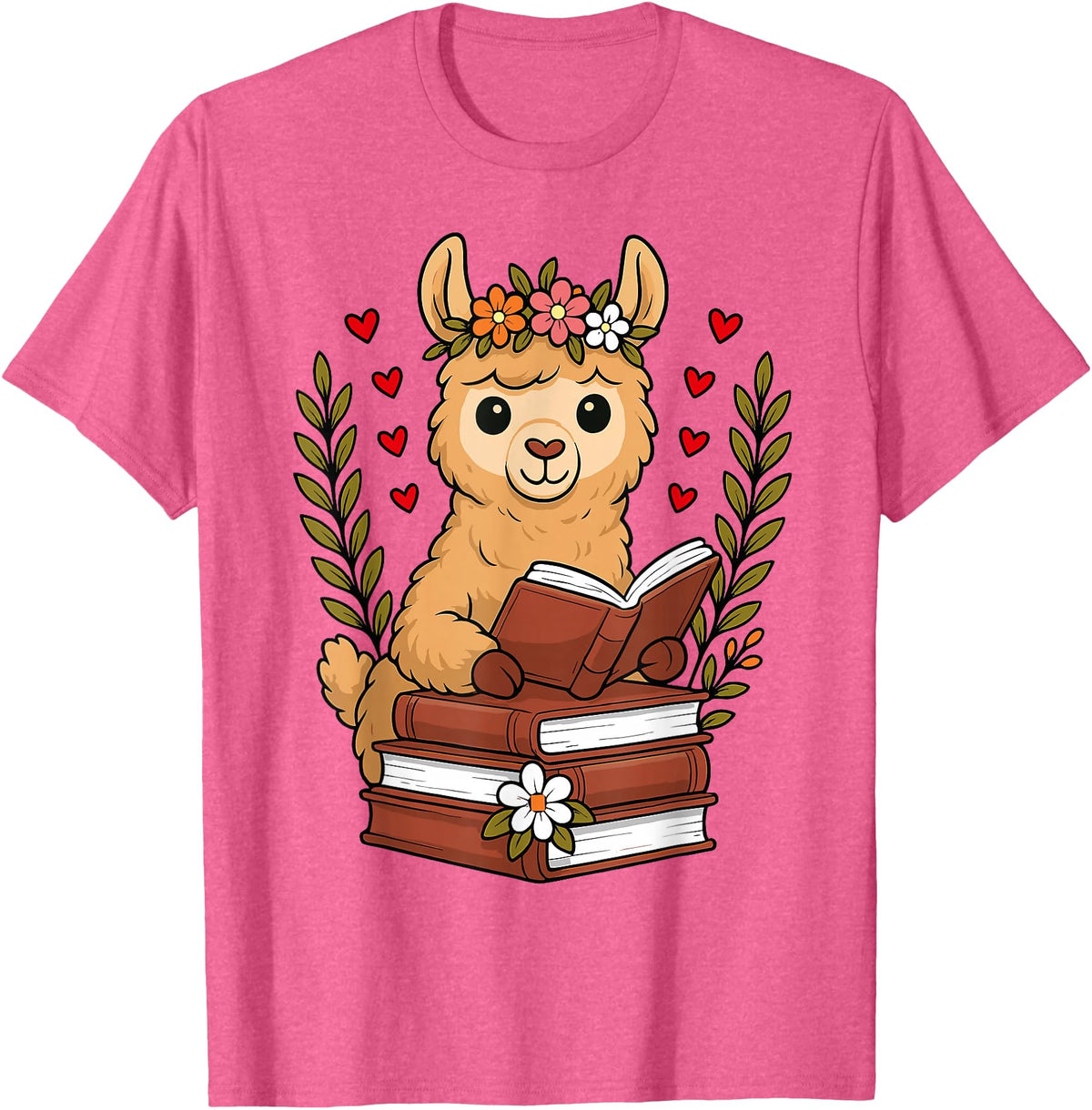 Bookworm Cute Llama Reading Book Llama Reading Book Graphic Llama with Book Floral T-Shirt - Pink Heather