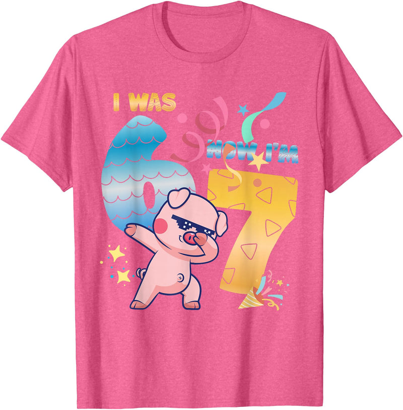 Funny 7th Birthday 6-7 Meme Pig Shir-t Kids Gift I was 6 Now I'm 7 Funny 67 Birthday Kids Boys Dabbing Pig T-Shirt - Pink Heather