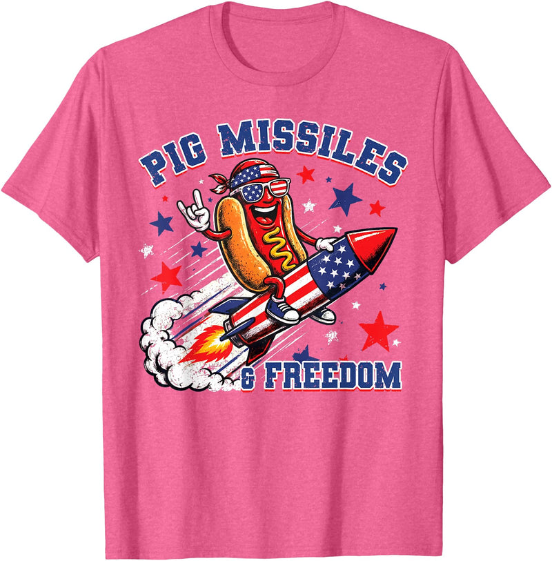 Pig Missiles and Freedom 4th of July Patriotic Hotdog T-Shirt - Pink Heather