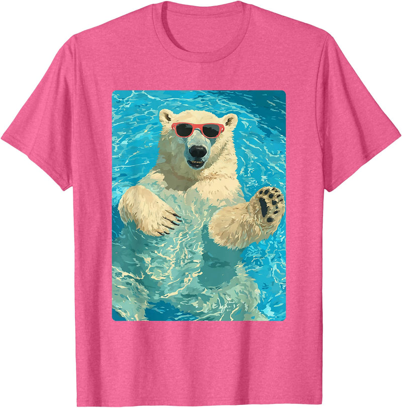 Pool Party Summer Animals Designs Funny Polar Bear with Sunglasses Summer Animal Swimming T-Shirt - Pink Heather