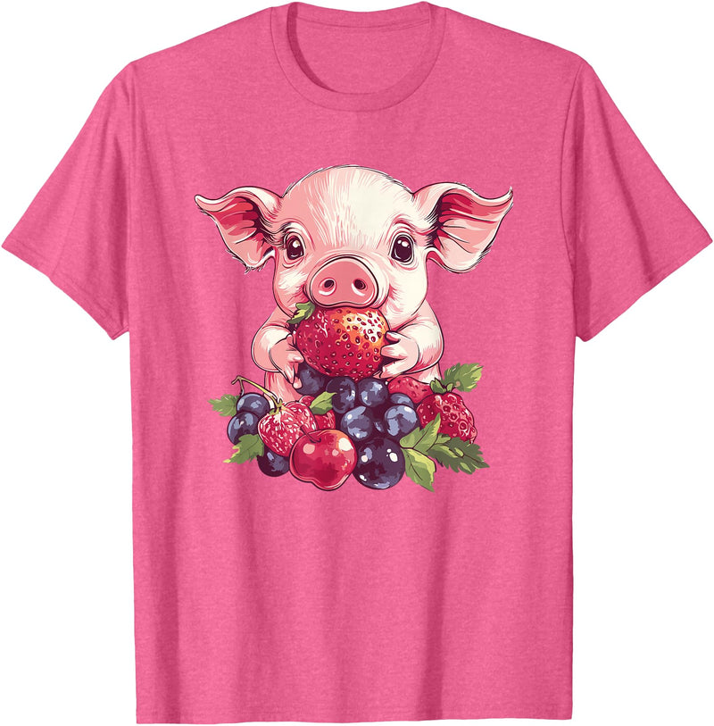 Cute Pig Eating Strawberries And Berries Fun Adorable Pig With Strawberries And Berries T-Shirt - Pink Heather