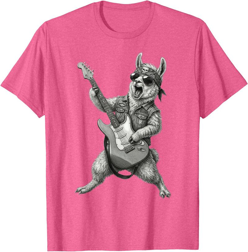 Rock Guitar Llama Stuff Accessories & Gifts Llama Playing Guitar Rock & Roll Llamas Alpaca Rocker Music T-Shirt - Pink Heather