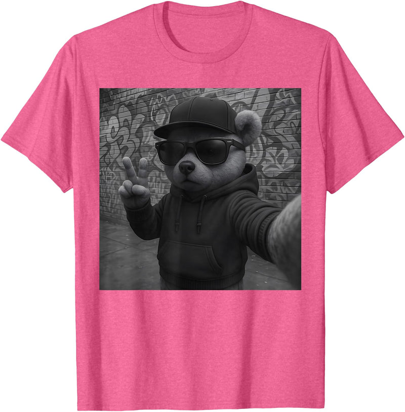 Teddy Bear Graphic Streetwear Hip Hop Men's Design Hip Hop Teddy Bear Selfie Urban Streetwear Peace Sign Rap T-Shirt - Pink Heather