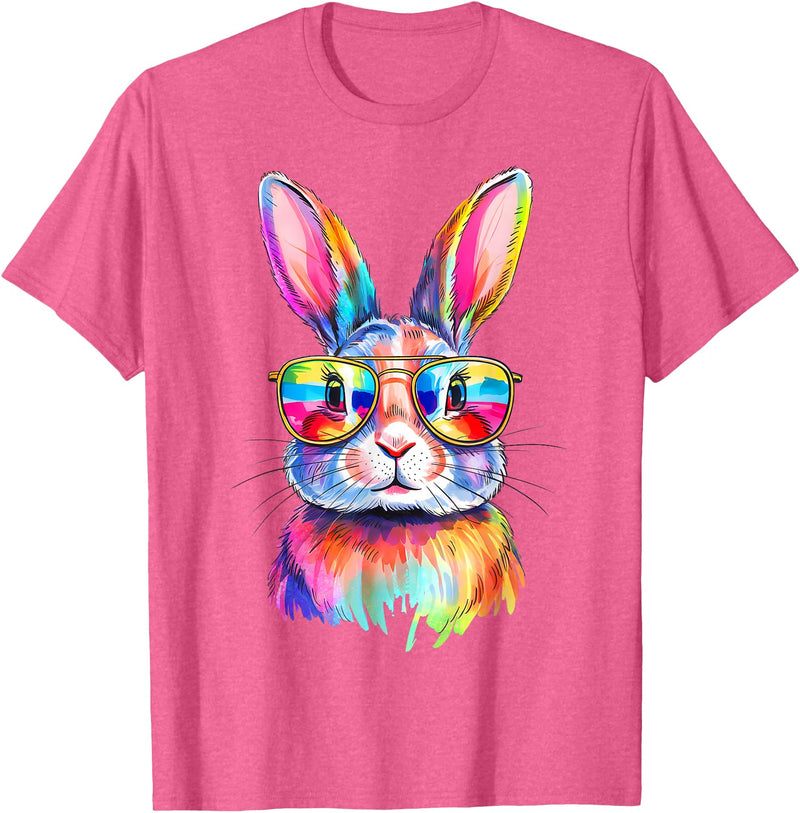 Funny Bunny Easter Rabbit Sunglasses Tie Dye Men Women Kids T-Shirt in Pink Heather