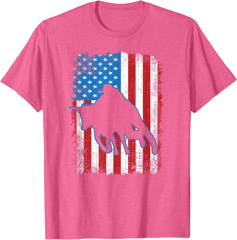 Horse Lovers T-Shirts Gifts Clothing & Equipment Steer Wrestling USA Flag Roping Rodeo Event Chute Dogging T-Shirt - Pink Heather
