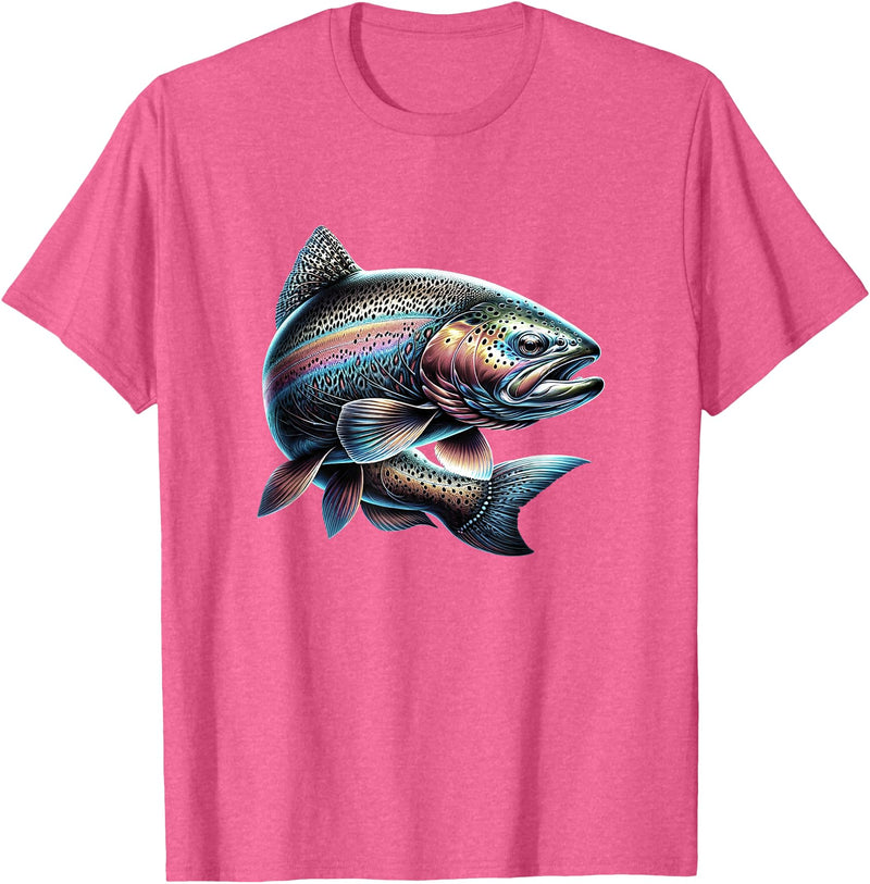 Steelhead Fishing - Unisex Adults & Kids Fishing T-Shirt - Black - Small - Short Sleeve - Cotton & Polyester - Modern Fish Graphic - Crew Neck - Regular Fit - Pull On - Imported - Pink Heather