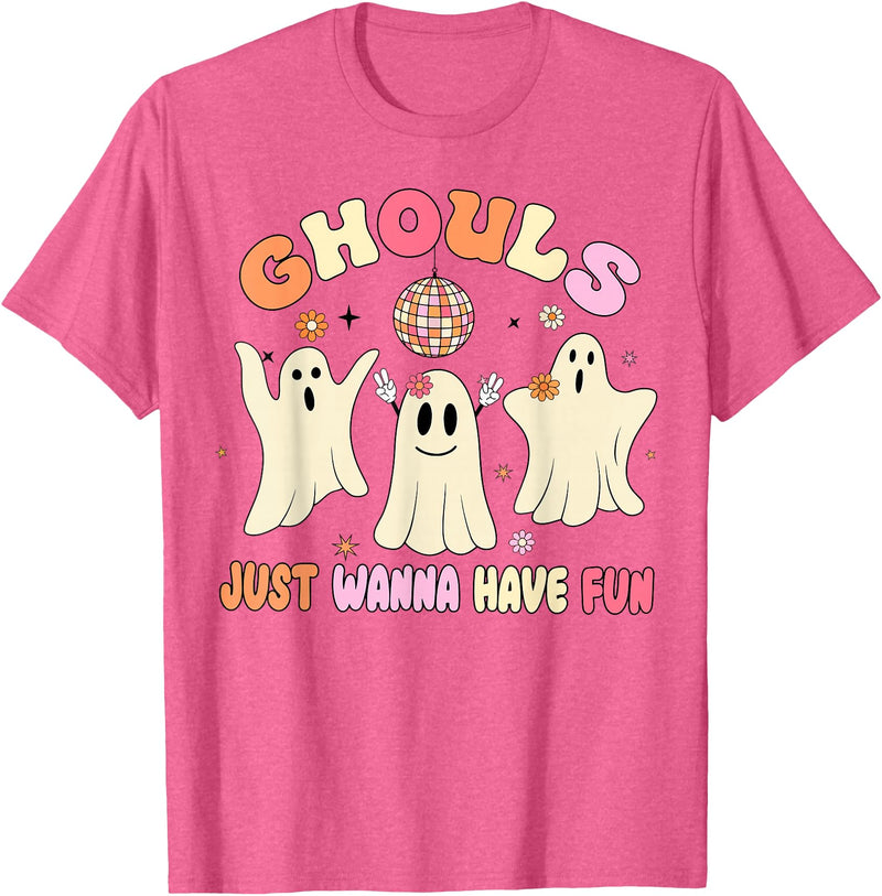 Groovy Ghosts Just Wanna Have Fun Funny Halloween T-Shirt - Pink Heather