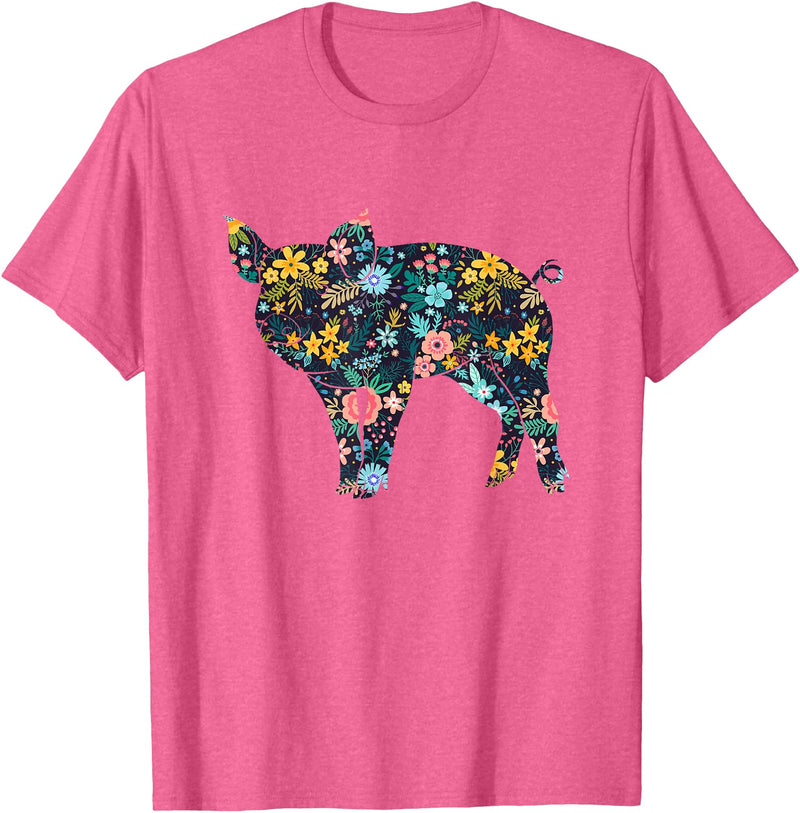 Animal Hog Floral Silhouette Pig Lover Floral Piglet Silhouette Womens Girls Graphic Pig T-Shirt - Pink Heather