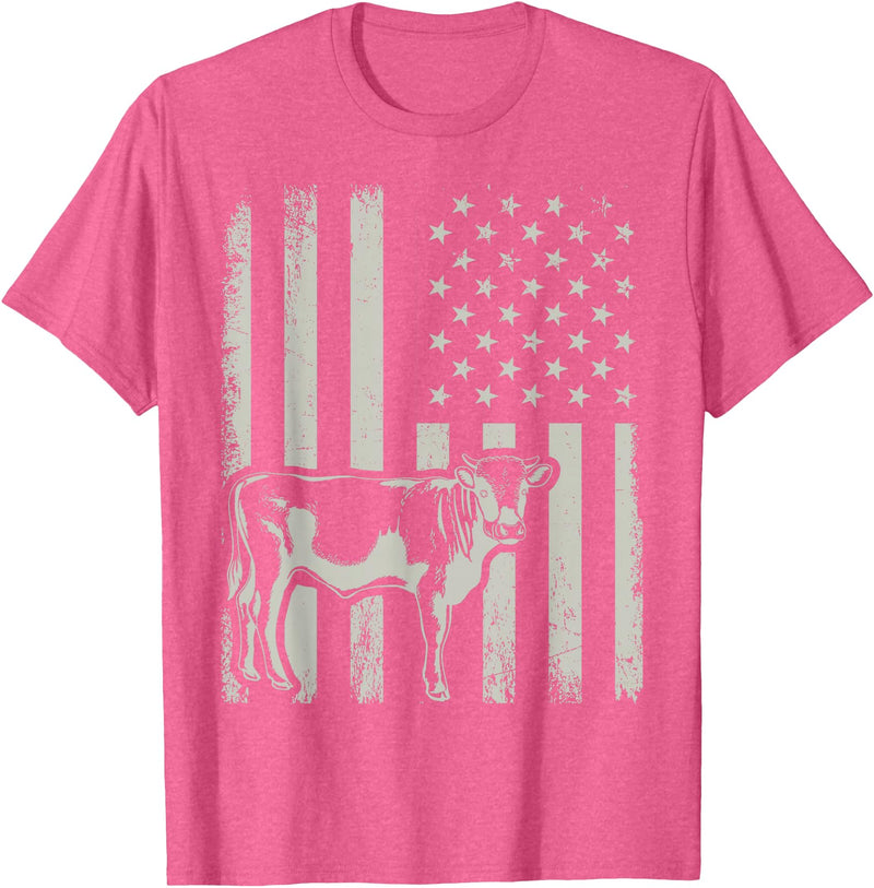 American Bull Riding Cowboy 4th of July USA Flag Proud Patriotic Cattle Bull Cow Farmer Lover American Flag T-Shirt - Pink