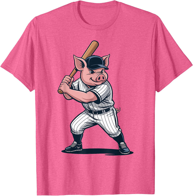 Pig Animal Baseball Lovers Graphic Funny Pig Playing Baseball Artwork Vintage Animal Baseballer T-Shirt - Pink Heather