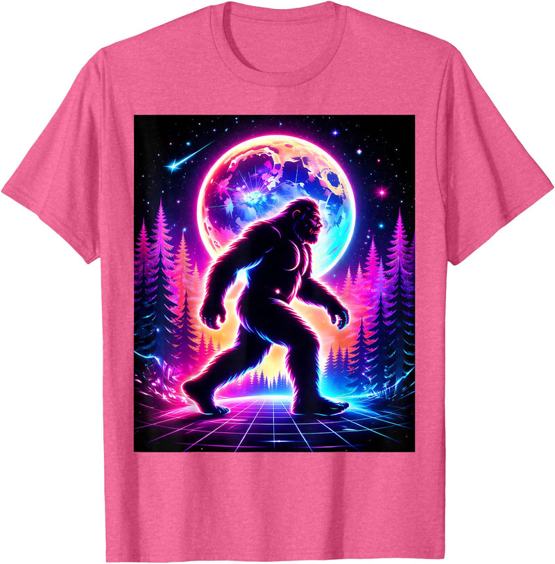 Retro Sasquatch Bigfoot Designs Sasquatch Bigfoot Synthwave Retro Forest Moon 80s T-Shirt - Pink Heather