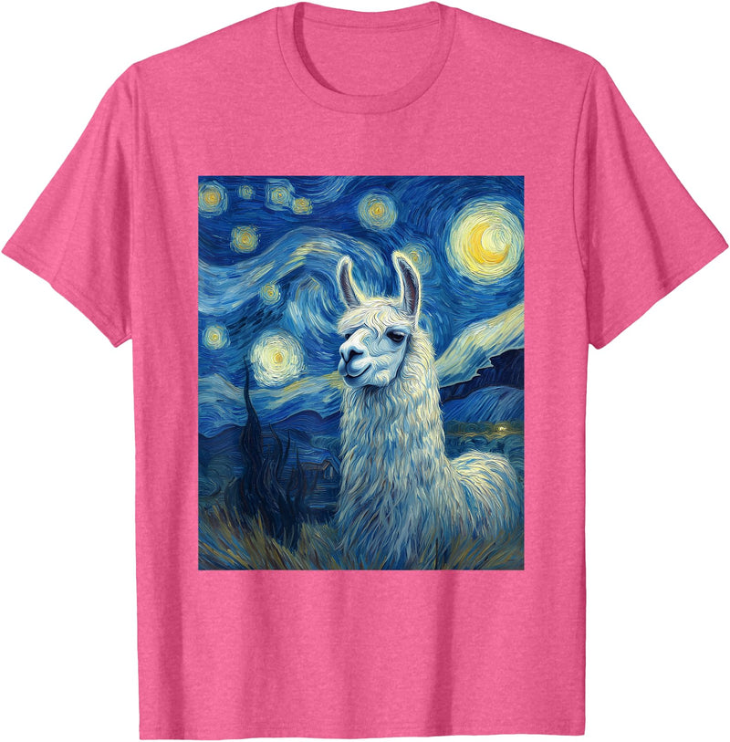 Llama Designs. Llama Alpaka Van Gogh Style Starry Night Funny Graphic T-Shirt - Pink Heather