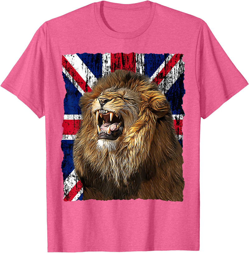 Patriotic Puppies Patriotic Roaring Lion UK Flag Distressed United Kingdom T-Shirt - Pink Heather