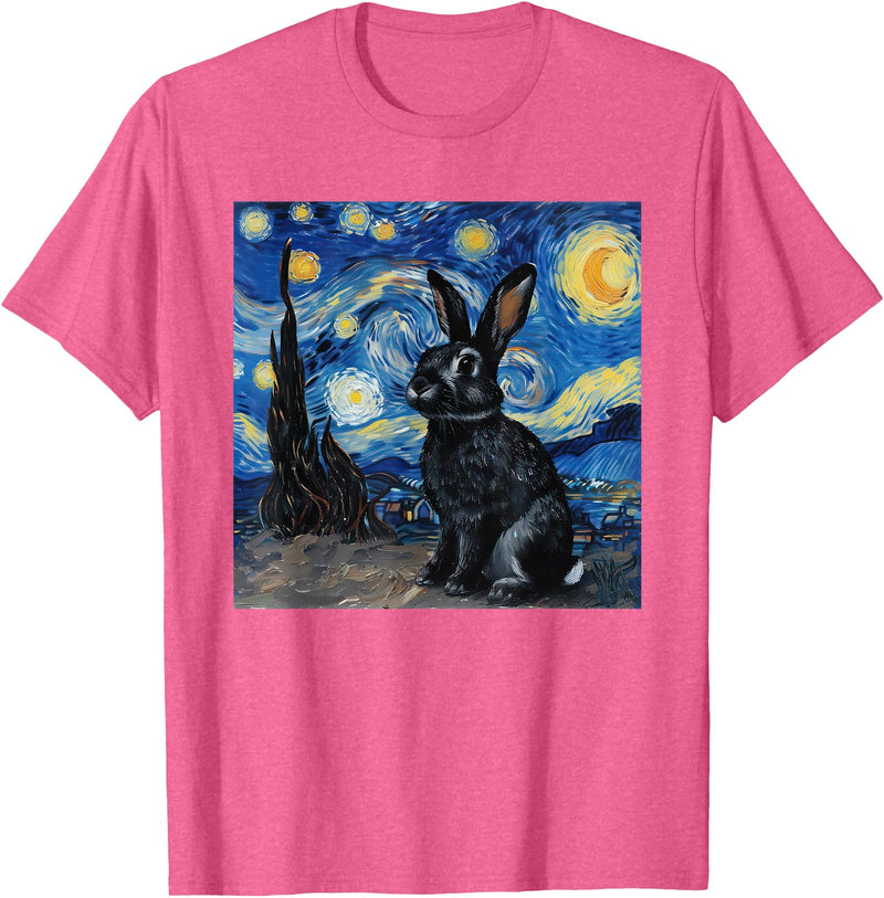 Bunny Rabbit Van Gogh Style Starry Night T-Shirt in Pink Heather