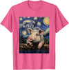 Cute Pigs Designs. Cute Pig Funny Van Gogh Style Starry Night Graphic T-Shirt - Pink Heather