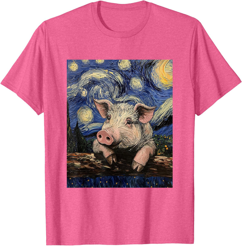 Cute Pigs Designs. Cute Pig Funny Van Gogh Style Starry Night Graphic T-Shirt - Pink Heather