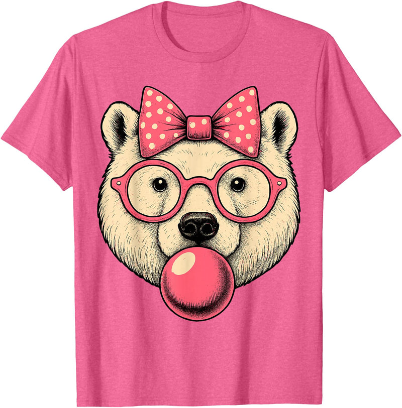 Magical and Funny Polar Bear Gifts Polar Bear with Bubblegum and Pink Bow T-Shirt - Pink Heather
