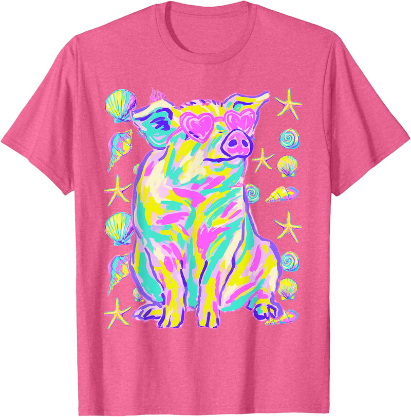 Coastal Summer Animals Beach Art Cute Pig with Hearts Sunglasses Seashells Coastal Summer T-Shirt - Pink Heather