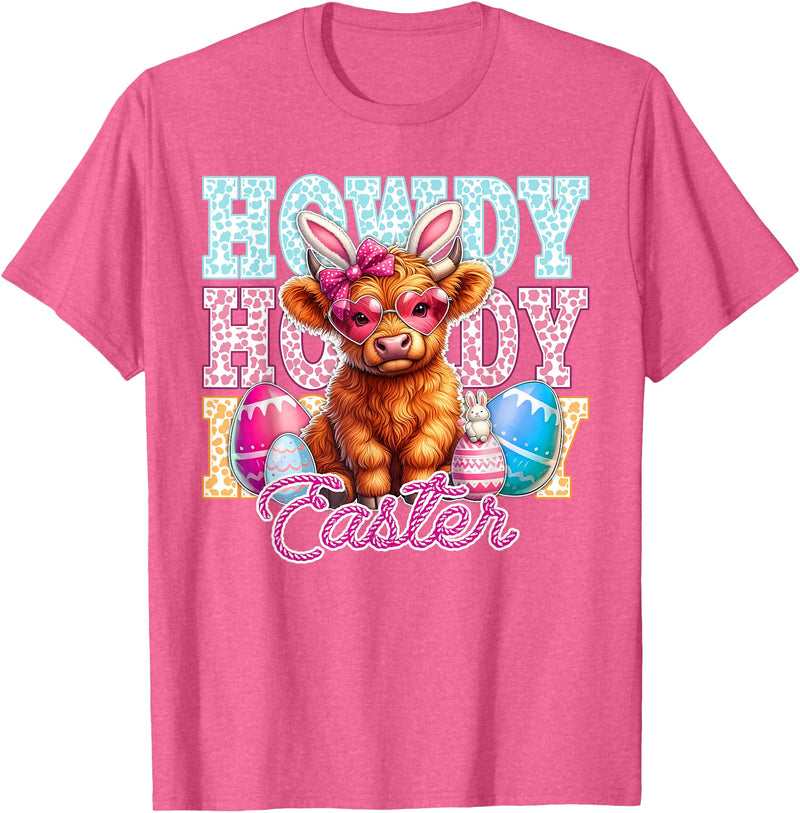 Highland Cow Easter Cute Western Farm Apparel Howdy Easter Cute Highland Cow Bunny Ears Western Easter T-Shirt - Pink Heather