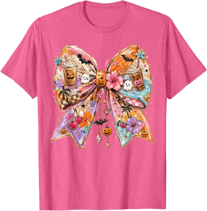 Summerween Tees NYC Summerween Bow Coquette Summer Halloween Ghosts Beach Coffee T-Shirt - Pink Heather