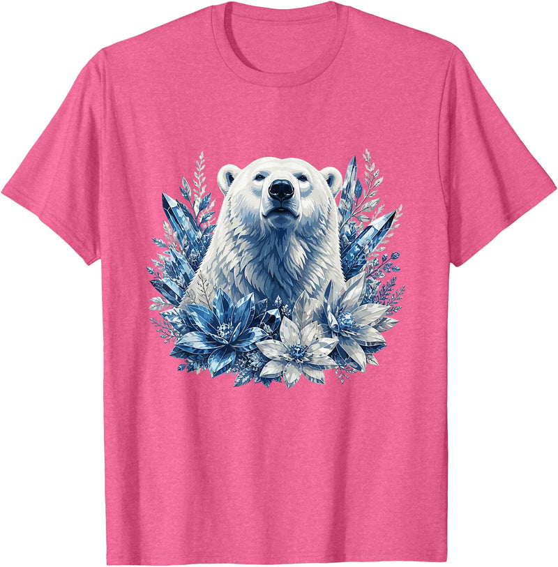 Arctic Polar Bear Winter Floral Nature Ice Blue Snow Polar Bear with Winter Flowers T-Shirt - Pink Heather