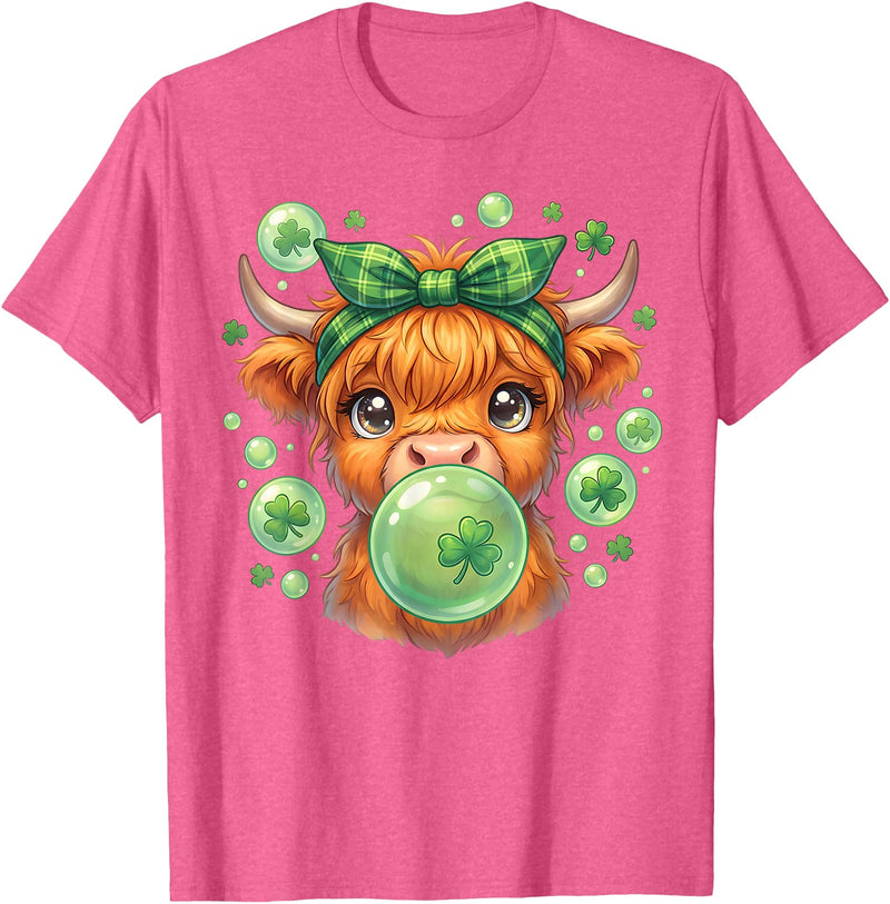 St. Patricks Day Highland Cow Blowing Bubblegum Celebrate St Patricks Day T-Shirt - Pink Heather