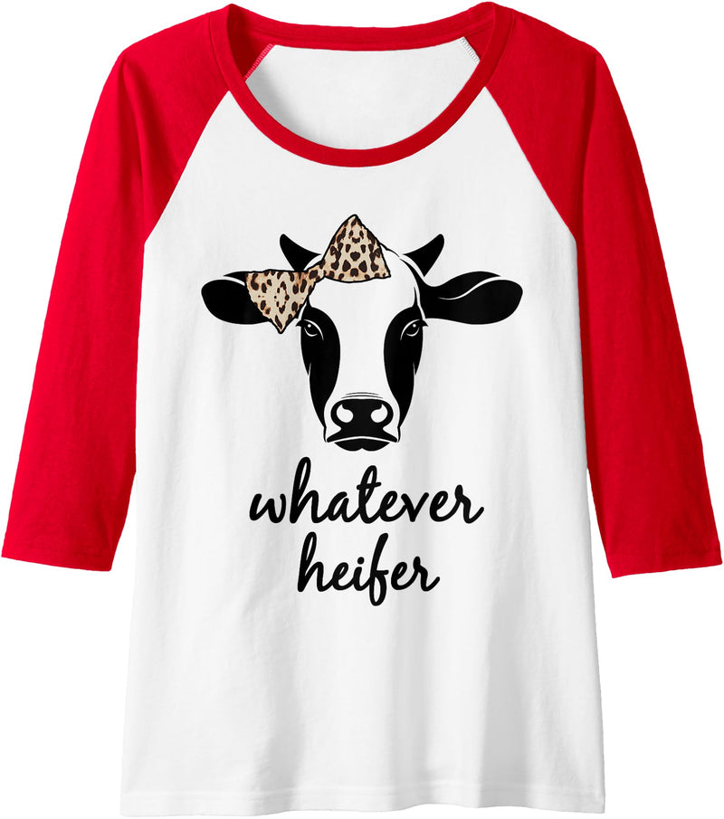 Daphne Ranching Tees Womens Whatever Heifer Funny Cow With Leopard Print Bow Cowgirl Raglan Baseball Tee - Red/White