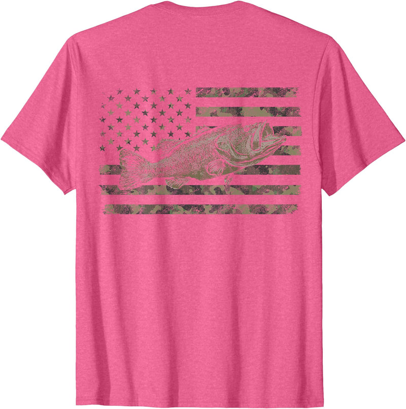 Great American Outdoors Camo Designs Fishing American Flag Camo Bass Fish (Design on Back) T-Shirt - Pink Heather