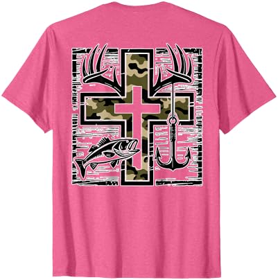 Camo Cross Fishing Faith Christian 2 Sided Hunting Fishing Cross Camo Faith Christian Fisherman Hunter T-Shirt - size chart
