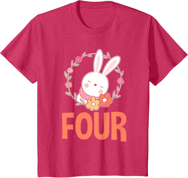 4th Birthday Girl Bunny 4 Years Rabbit Birthday T-Shirt in Red Heather