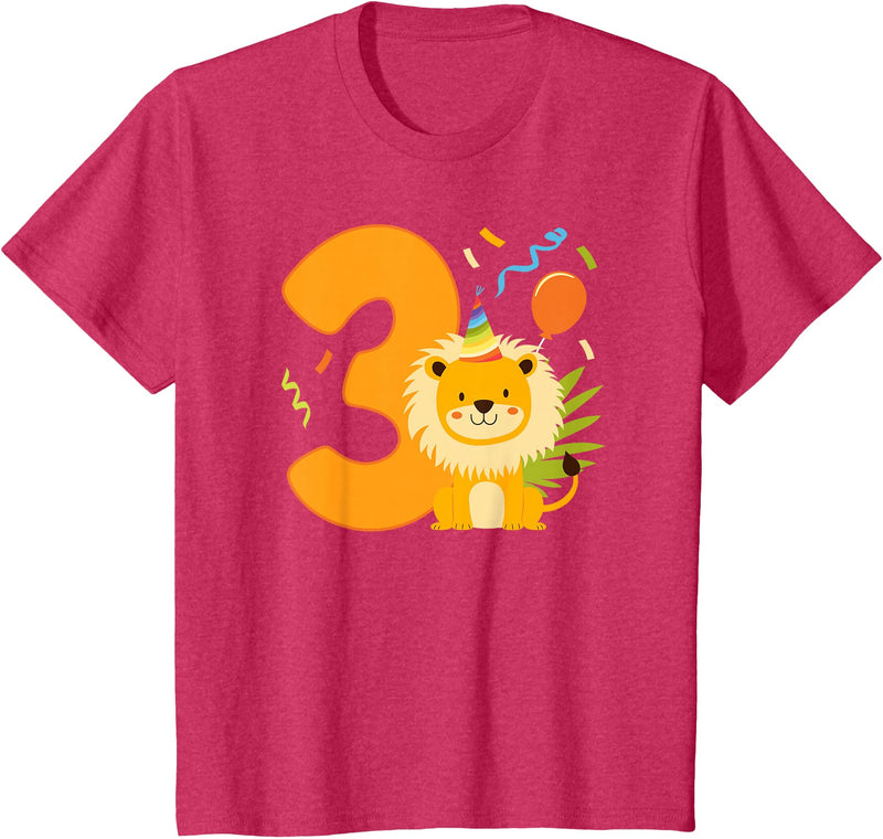 Three Year Old Lion Third Birthday Kids 3rd Lion Birthday Party 3 Year Old Lions Birthday T-Shirt - Red Heather