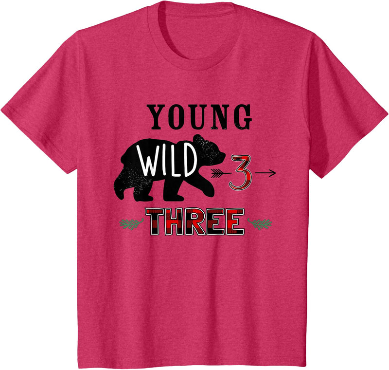 UrbanWear Bear Buffalo plaid Young Wild & Three 3 years 3rd Birthday T-Shirt - Red Heather