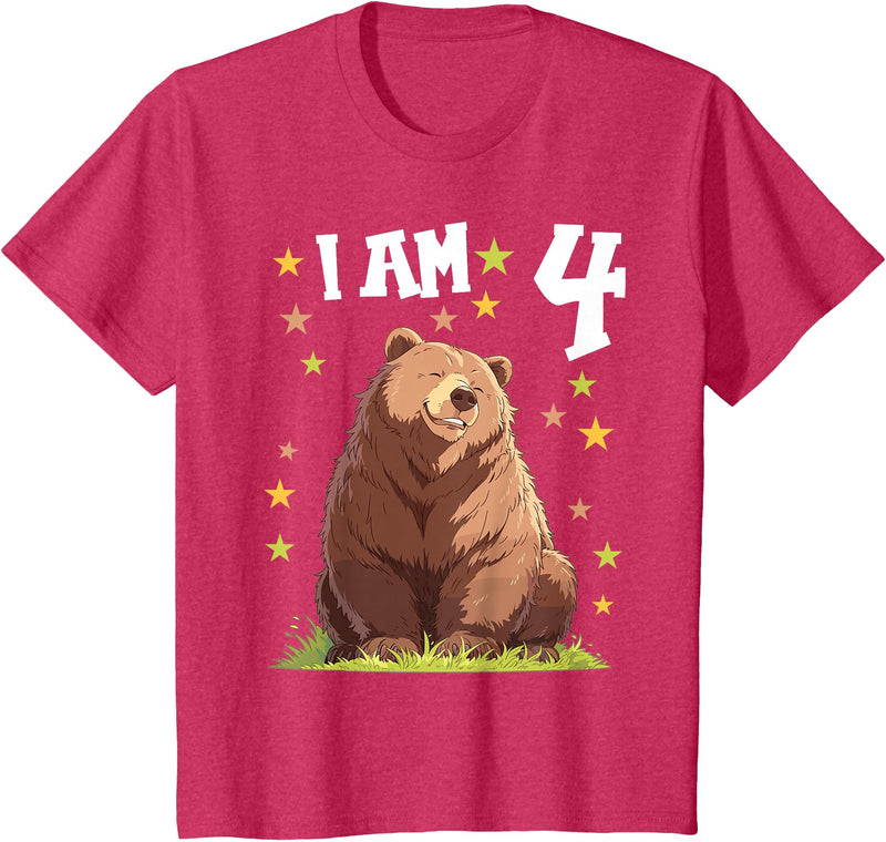 4 years old 4th birthday Bear Kids 4 Years old 4 birthday Bears Boy Girl Bear T-Shirt - Red Heather