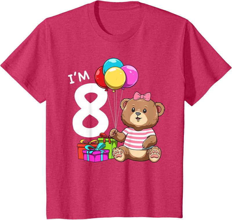 8th Birthday Teddy Bear - 8 Years Old Gift Tee Kids Eight Birthday Teddy Bear - 8 Year Old Girl T-Shirt - Red Heather