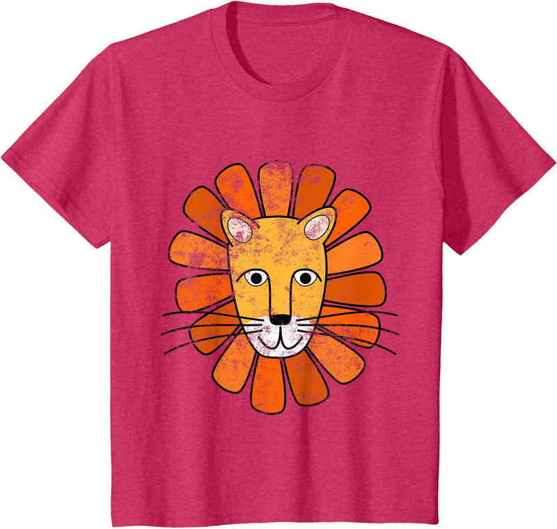 AlphaPlayTees Lion Face T-Shirt. Boys / Girls Cartoon Lion Tee T-Shirt - Red Heather
