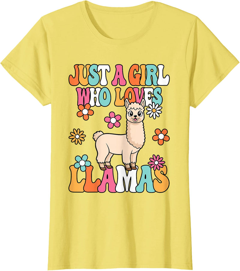 BALARI Just A Girl Who Loves Llamas Cute Groovy Alpaca Llama Kids T-Shirt - Lemon Yellow