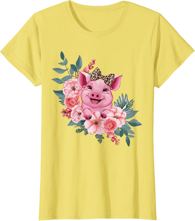 Pig Leopard Headband Flower Pig With Leopard Headband Flower Pig Lover T-Shirt - Lemon Yellow