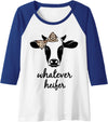 Daphne Ranching Tees Womens Whatever Heifer Funny Cow With Leopard Print Bow Cowgirl Raglan Baseball Tee - Royal Blue/White