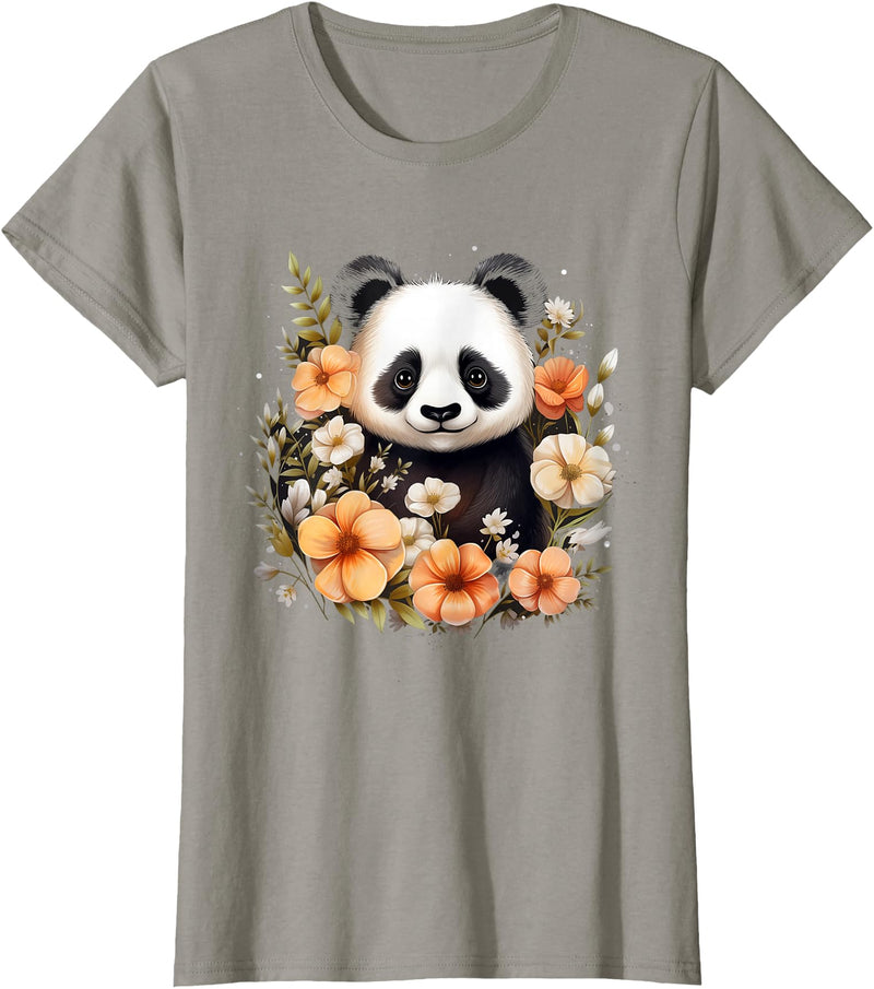 Floral Panda Bear Panda Bear Flowers Floral Girls Kids Funny Cute Panda Lover T-Shirt - Slate Grey
