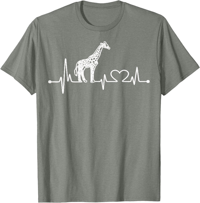 Funny Giraffe Lovers Zoo Animal Apparel Gifts Giraffe Heartbeat Love Line Cute Graphic wildlife Silhouette T-Shirt - Olive Heather