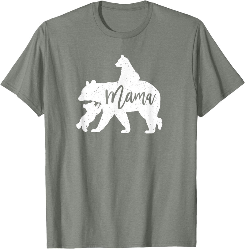 Artsy Mommy Bear Silhouette Nature Family Gifts Mama Bear 2 Baby Bear Cubs Playing Riding on Back T-Shirt - Olive Heather