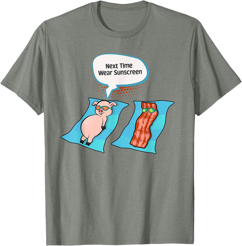 Bacon T Shirt Co Next Time Wear Sunscreen Funny Pig Bacon Sunbathing T-Shirt - Olive Heather