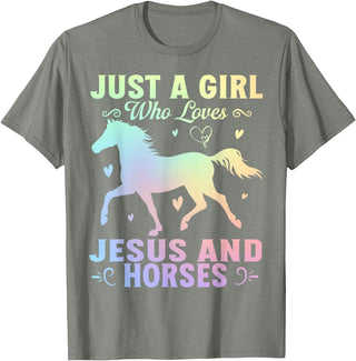 Jesus and Horses Christian Religious. Just A Girl Who Loves Jesus And Horses T-Shirt - Olive Heather